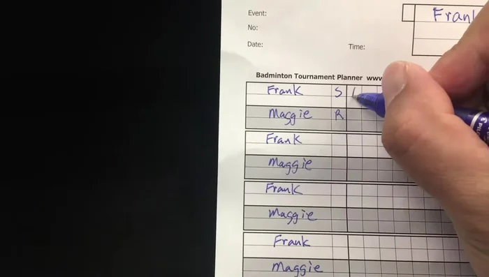Indicate Server Change: When a game point is reached (e.g., 21 points), the server changes after each point. The score sheet clearly shows the server after each point by the position of the score
