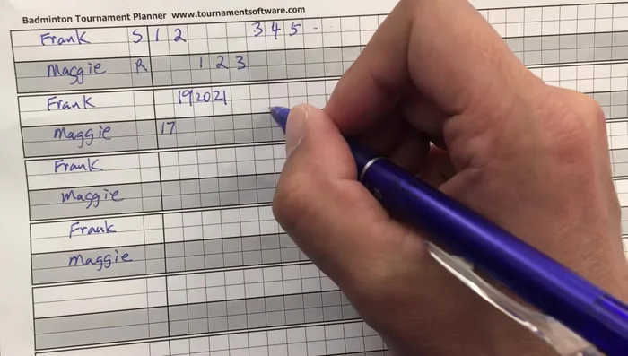 Record Game Result: Once a player reaches the winning score (e.g., 21 points with a 2-point lead), mark the game's final score and cross out the row.