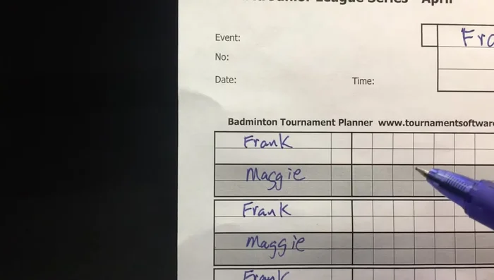 Announce and Record Serve: Announce who will serve and receive (e.g., "Frank to serve, Maggie to receive") and record the server ('S') on the score sheet.