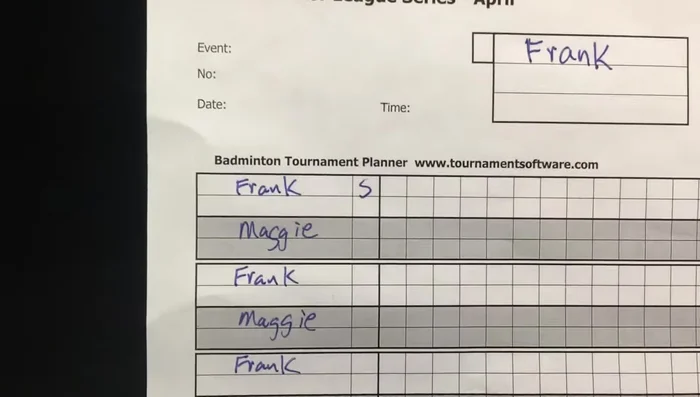 Announce and Record Serve: Announce who will serve and receive (e.g., "Frank to serve, Maggie to receive") and record the server ('S') on the score sheet.