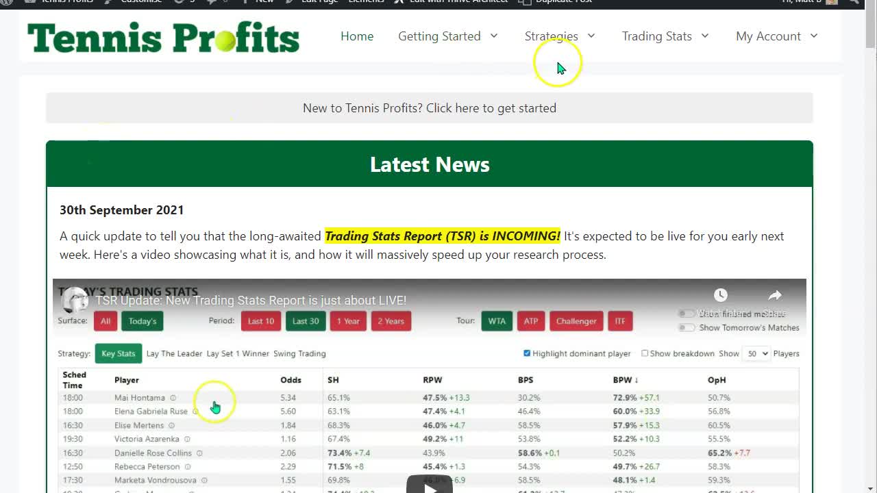 Screenshot showing the location of the Trading Stats Report on the members.tennisprofits.com website.