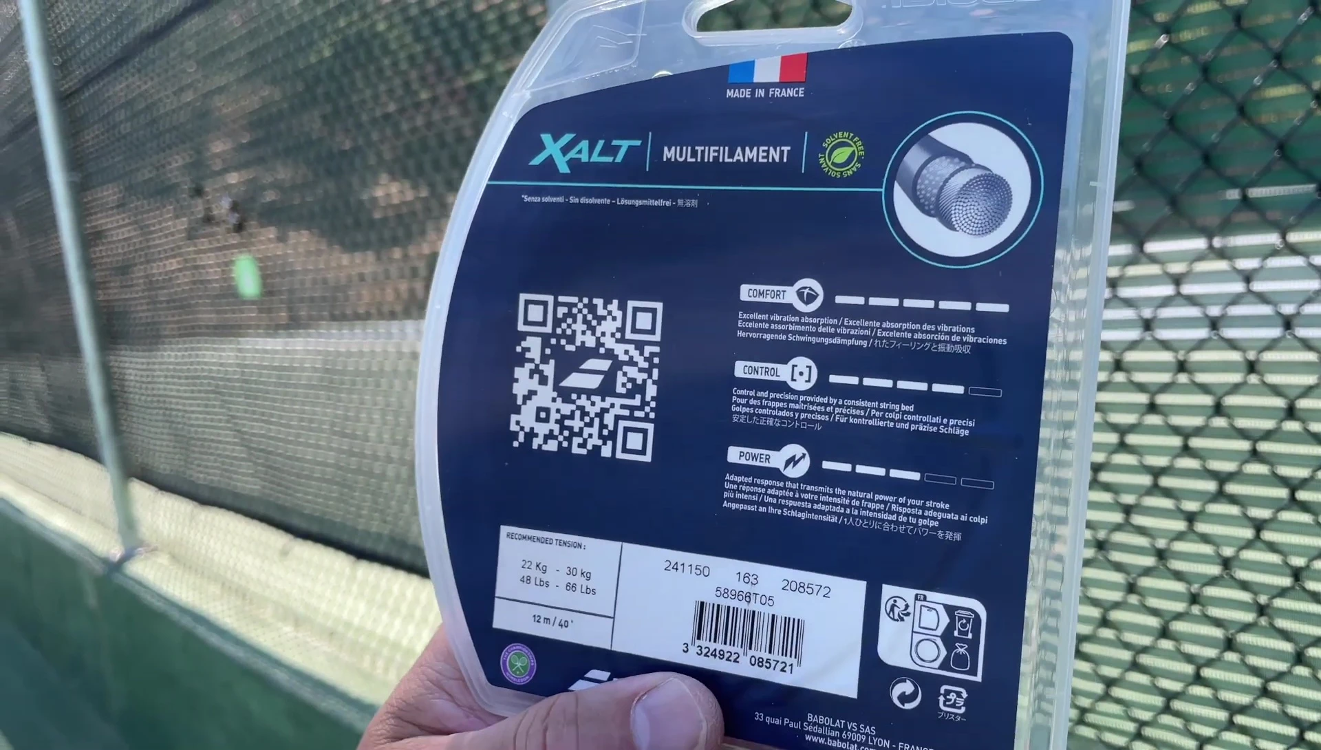 Close-up of Babolat Exalt string packaging, highlighting the 16 gauge.