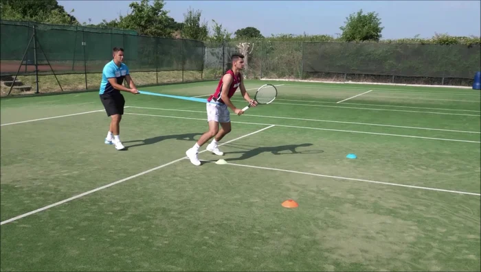Player reacts to perform a high or low volley (forehand or backhand).