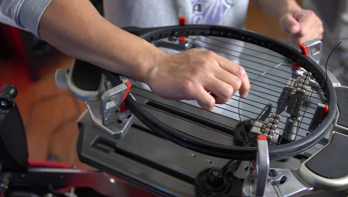 Repeat Steps 2-4: Continue weaving and tensioning crosses across the racket until complete.