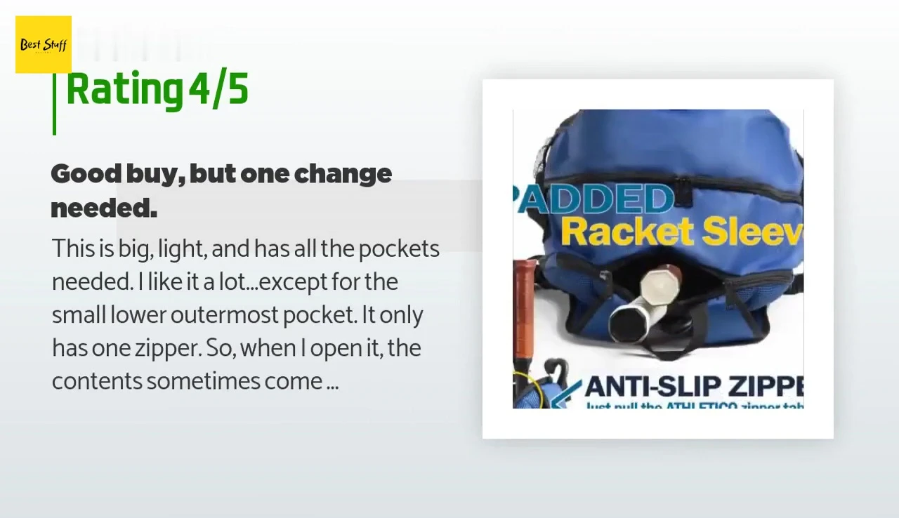 Screenshot of a customer review mentioning the bag's ample space and convenient pockets.