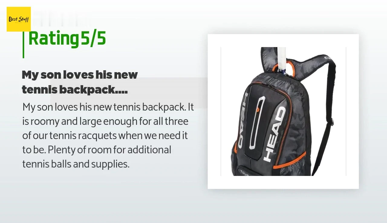 Screenshot of a customer review highlighting its capacity and suitability for racquets and accessories.