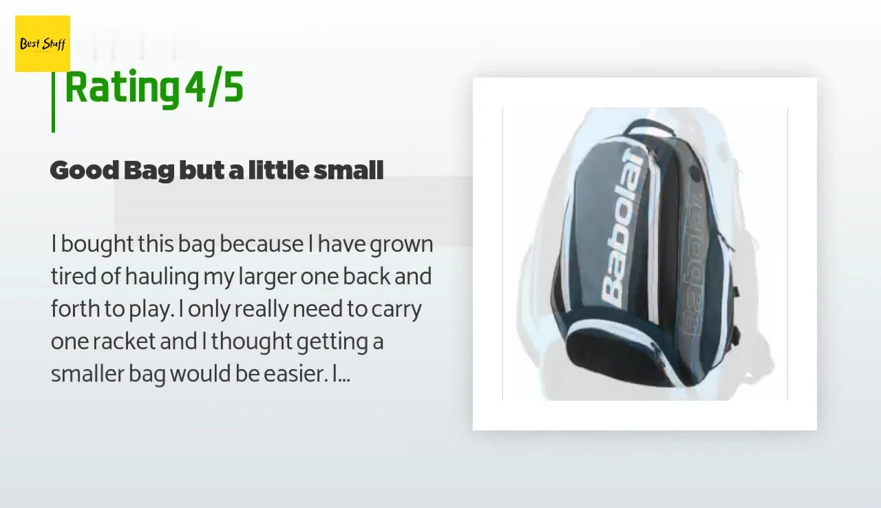 Screenshot of a customer review mentioning the bag's limited space.