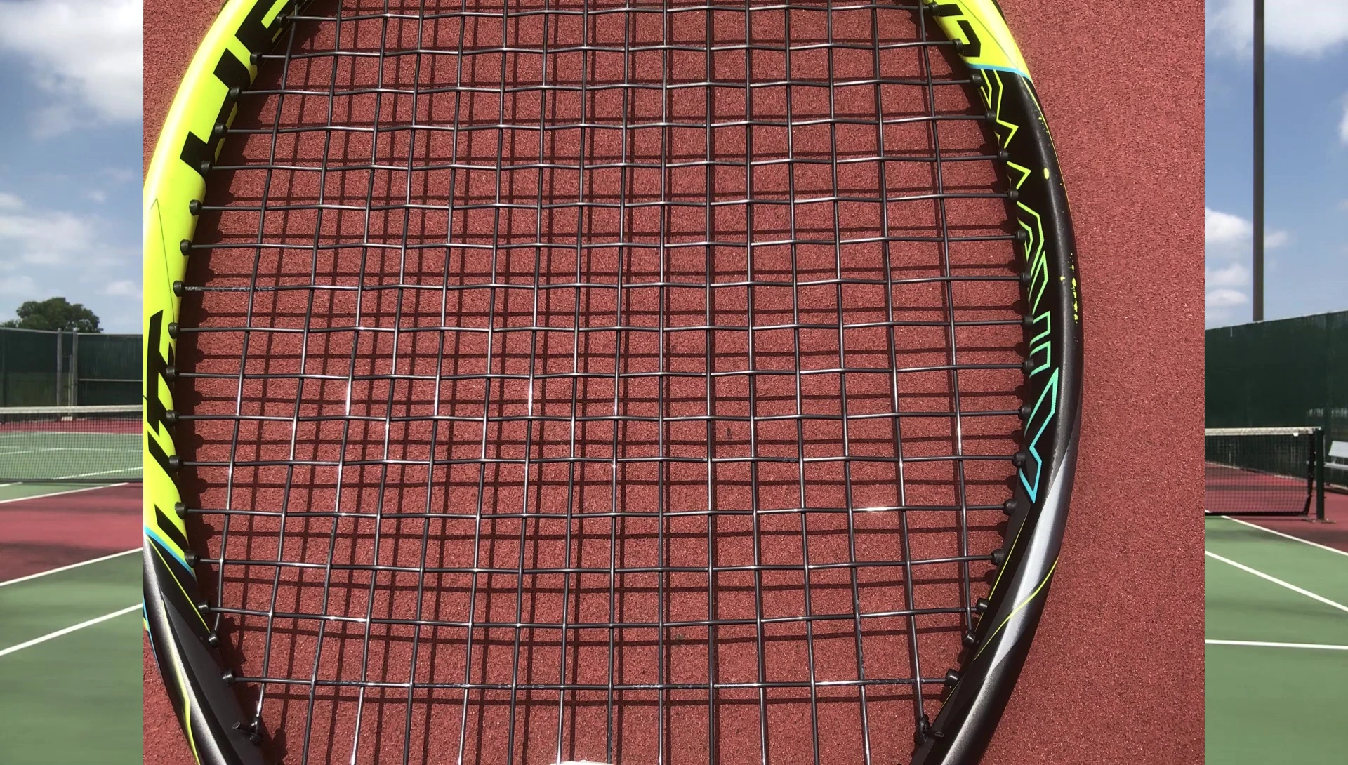 Close-up of polyester tennis strings.