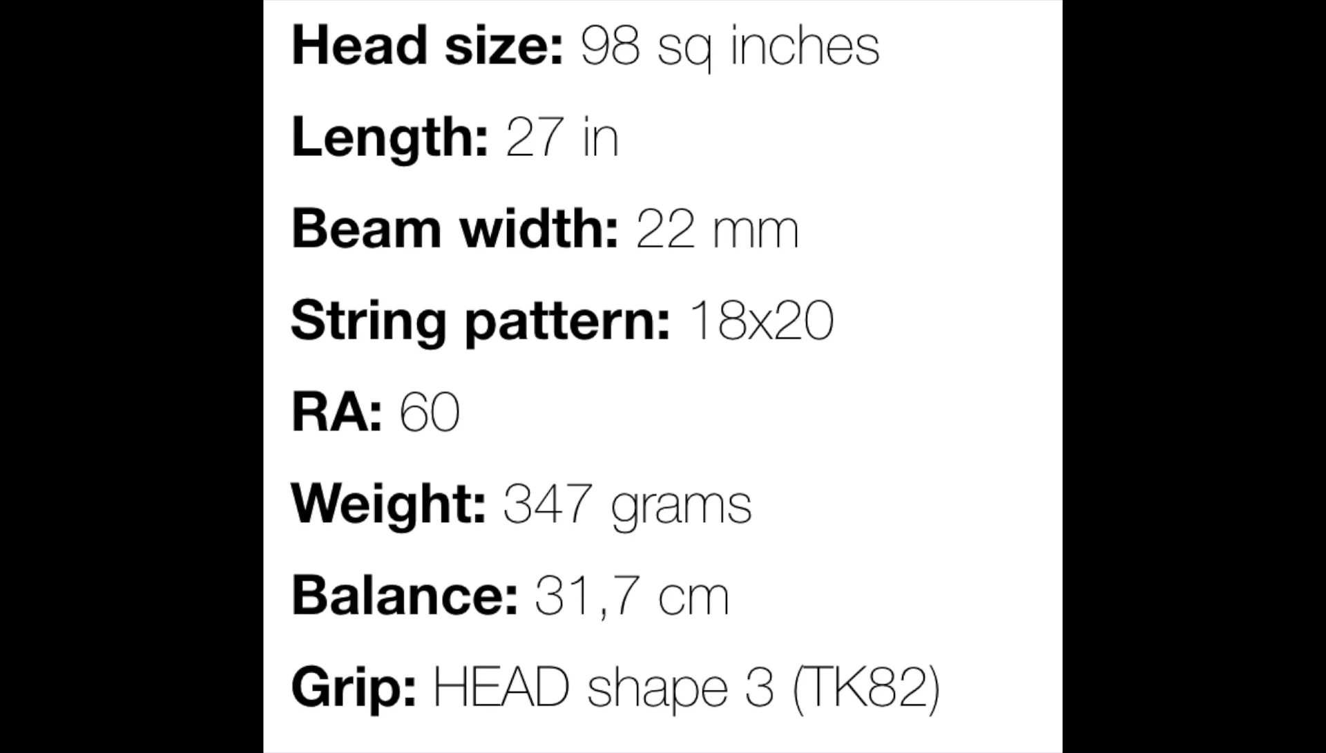 Detailed specifications of the Wilson H22 racquet, such as head size and beam width
