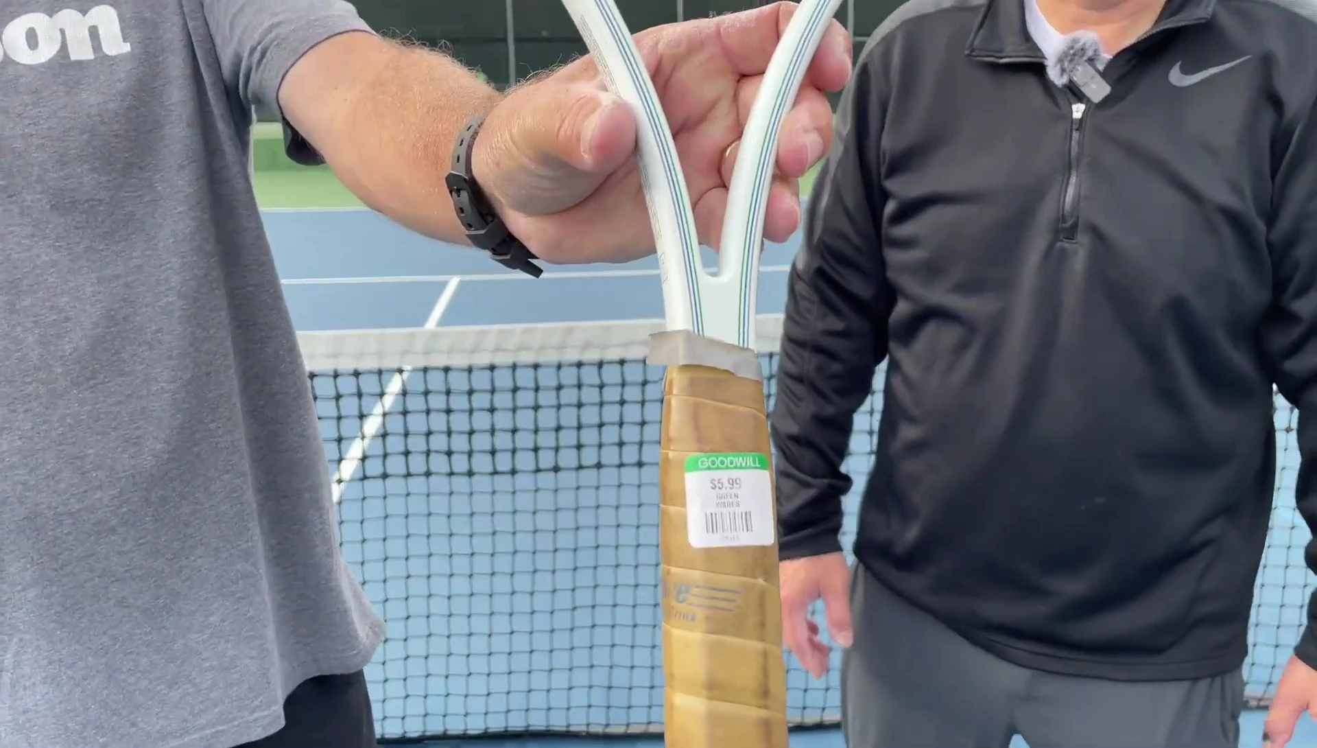 The narrator emphasizes the low price of the racket.